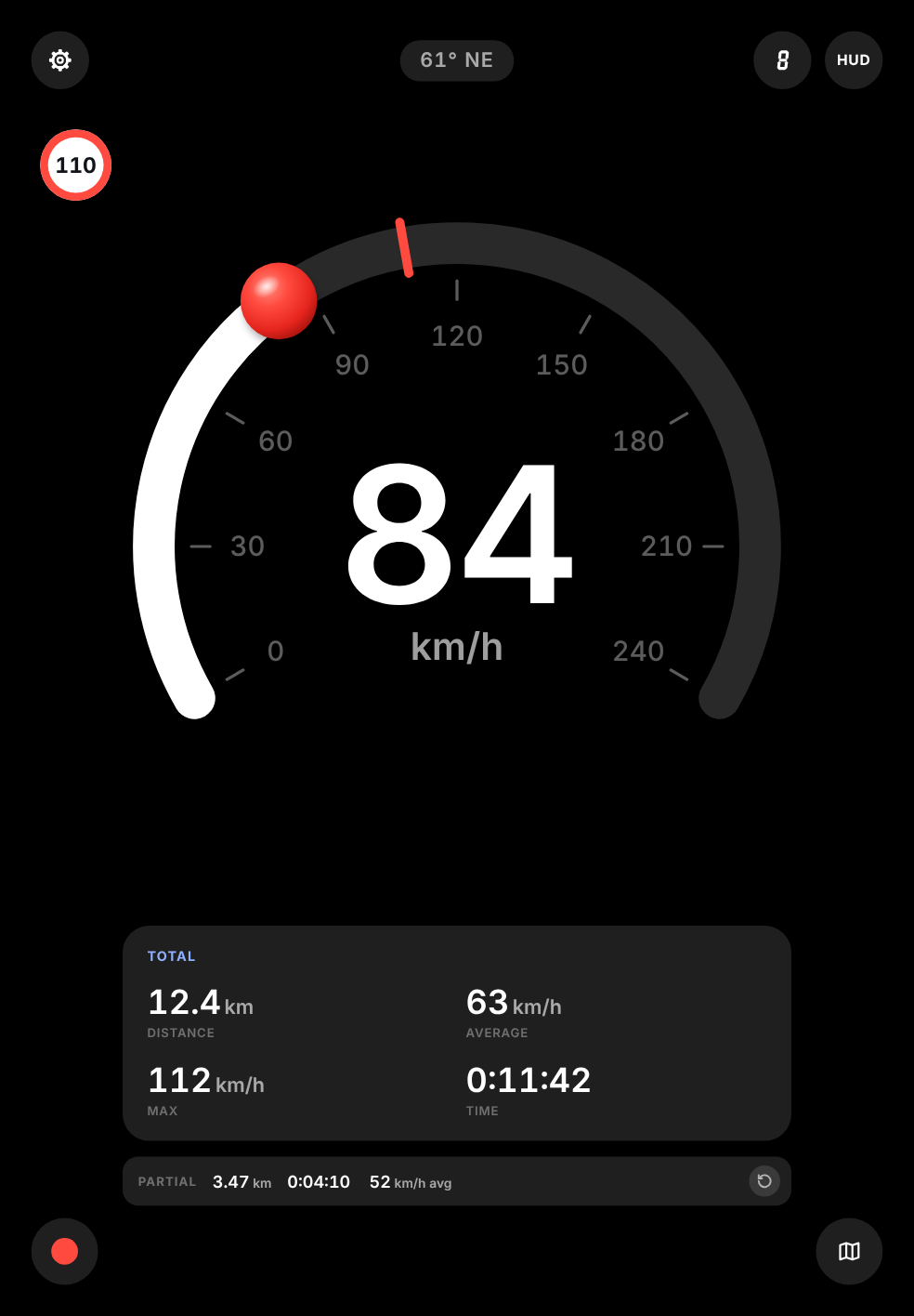 3pSpeed on iPad in portrait: the Arc face at 84 km/h above the Total and Partial cards, black background