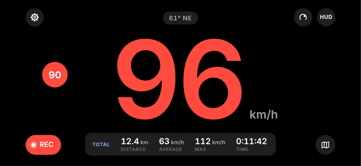 3pSpeed in landscape at night: 96 in red, the 90 limit sign red, recording on