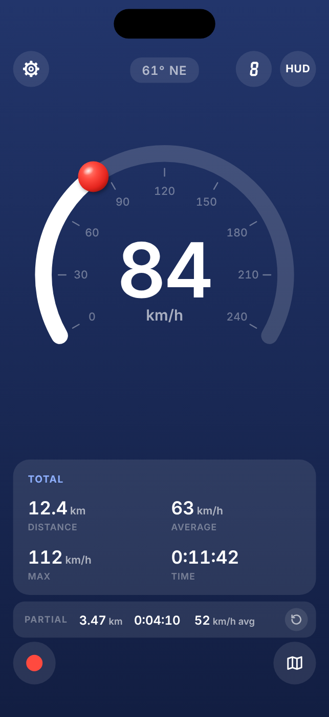 3pSpeed on iPhone: the Arc face at 84 km/h with the trip below