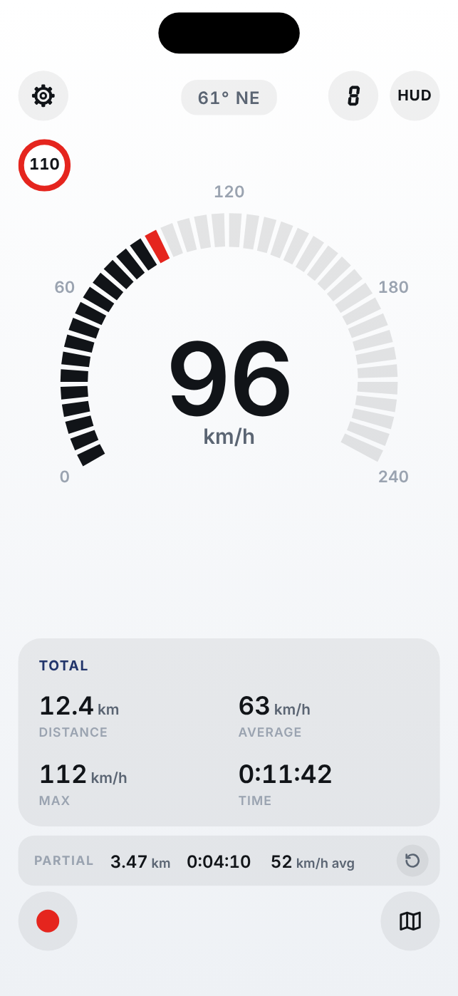 3pSpeed on an iPhone in daylight: the Segments face at 96 km/h, the Total and Partial below